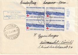 Beleg vom 1. Postflug Locarno-Rom, mit Rot Kreuz-Viererblock