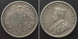 BRITISCH INDIEN 1/2 Rupee 1918 Bombay GEORGE V. Silber ss+