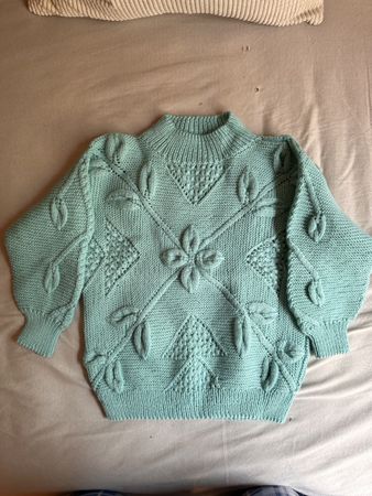 Cosy Knit Jumper, Aqua Green with Floral Detail, Winter.