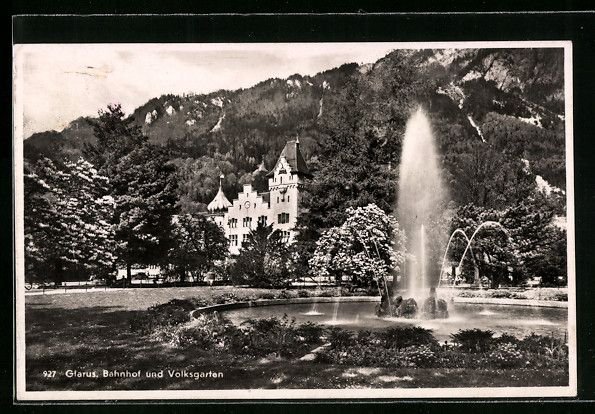 Ansichtskarten: AK Glarus, Bahnhof und Volksgarten, 1952 – Gebraucht aus Berlin von bartko-reher