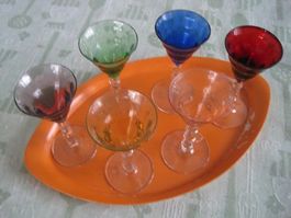 ALtes LIKÖR-KELCH-SET, Buntglas ( um 1920)