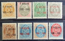 ISLAND 1902: 8 timbres «í gildi '02––'03», neufs *