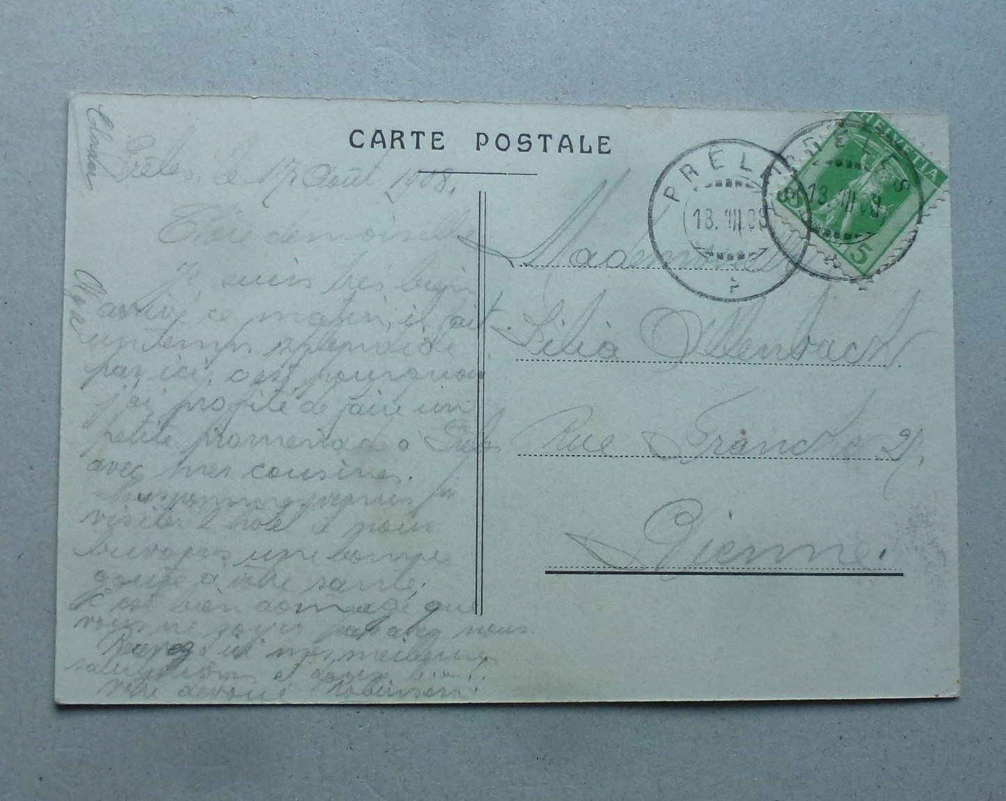 Ansichtskarten: Ansichtskarte + Prèles sur Douanne 1908 – Gebraucht aus Walkringen von Casablanca777 1