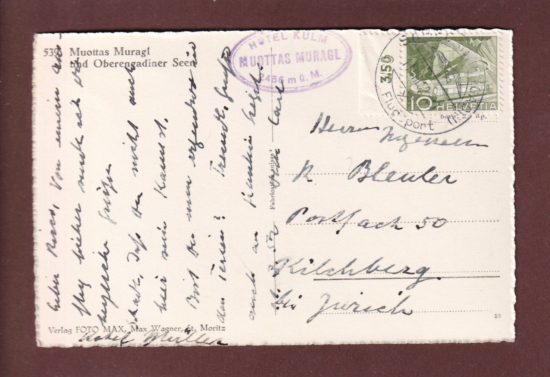 Cartoline postali: MUOTTAS-MURAIGL - 1952 – Usato da Pully venduto da nicecards 1