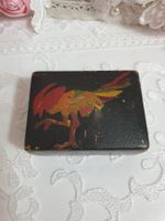 Antike Briefmarkenbox aus Holz Briefmarken Hahn Schachtel