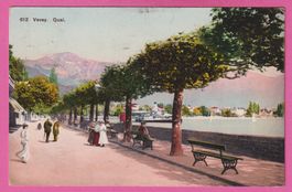 Vevey gel 1910 Quai belebt mit Schiff