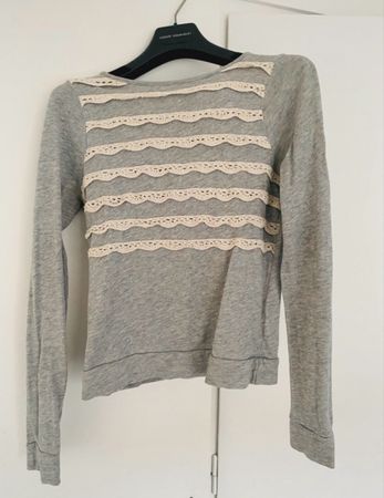 Topshop Grey Long Sleeve Top, Lace Detail, Size Small