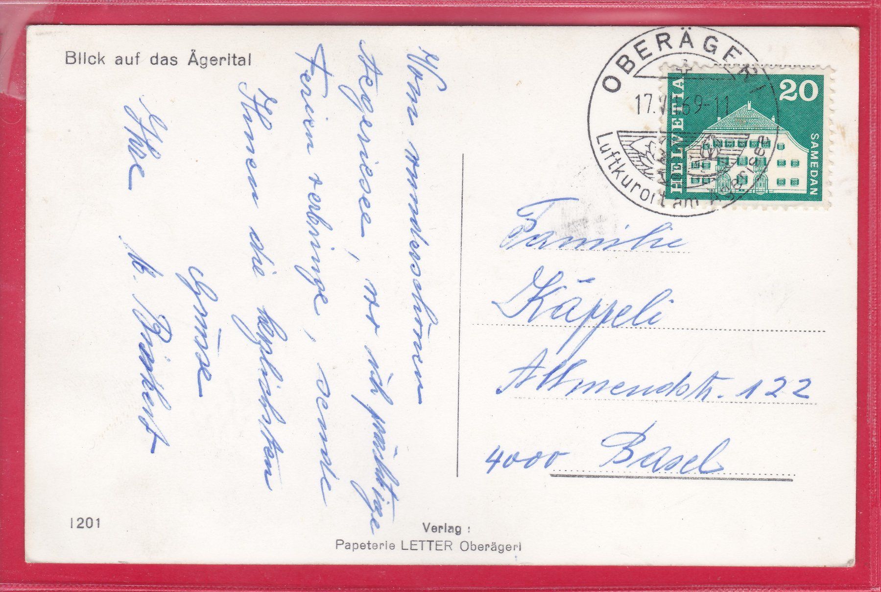 Ansichtskarten: BLICK AUF DAS ÄGERITAL, 17.7.1969 – Gebraucht aus Oberrieden von Gebirgsstelze 1