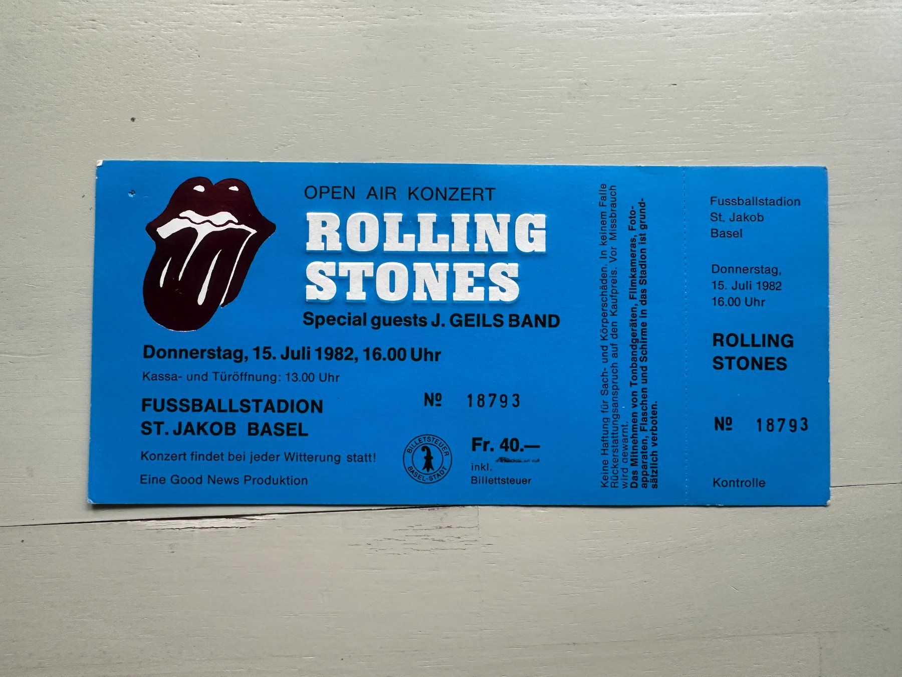 Tickets: ROLLING STONES original unbenütztes Ticket Basel 15.7.1982 – Gebraucht aus Basel von Partridge