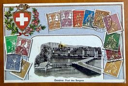 Genève - Vue des Bergues avec timbres Suisses. Reproduction