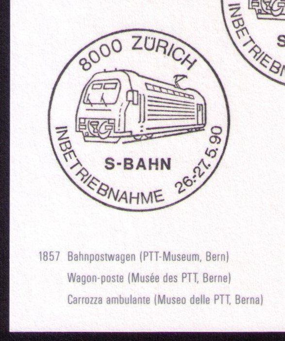 Alle Briefmarken: 1990_786_SONDER-O_INBETRIEBNAHME S-BAHN ZÜRICH_Bahnpostwagen – Gebraucht aus Marthalen von Ch_quality 6