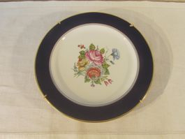 Porzellanteller, kobaltblau, Blumenbouqet, Goldrand