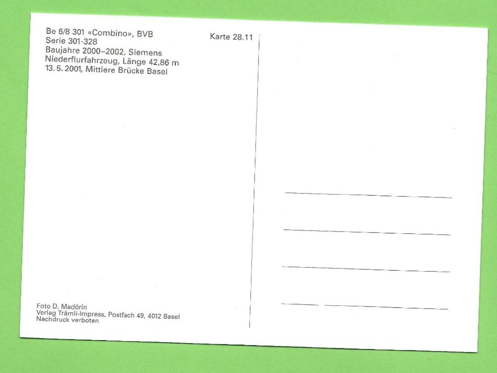 Cartoline postali: Tram Basel Be 6/8 301 "Combino" BVB – Usato da Zürich venduto da t24_de 1