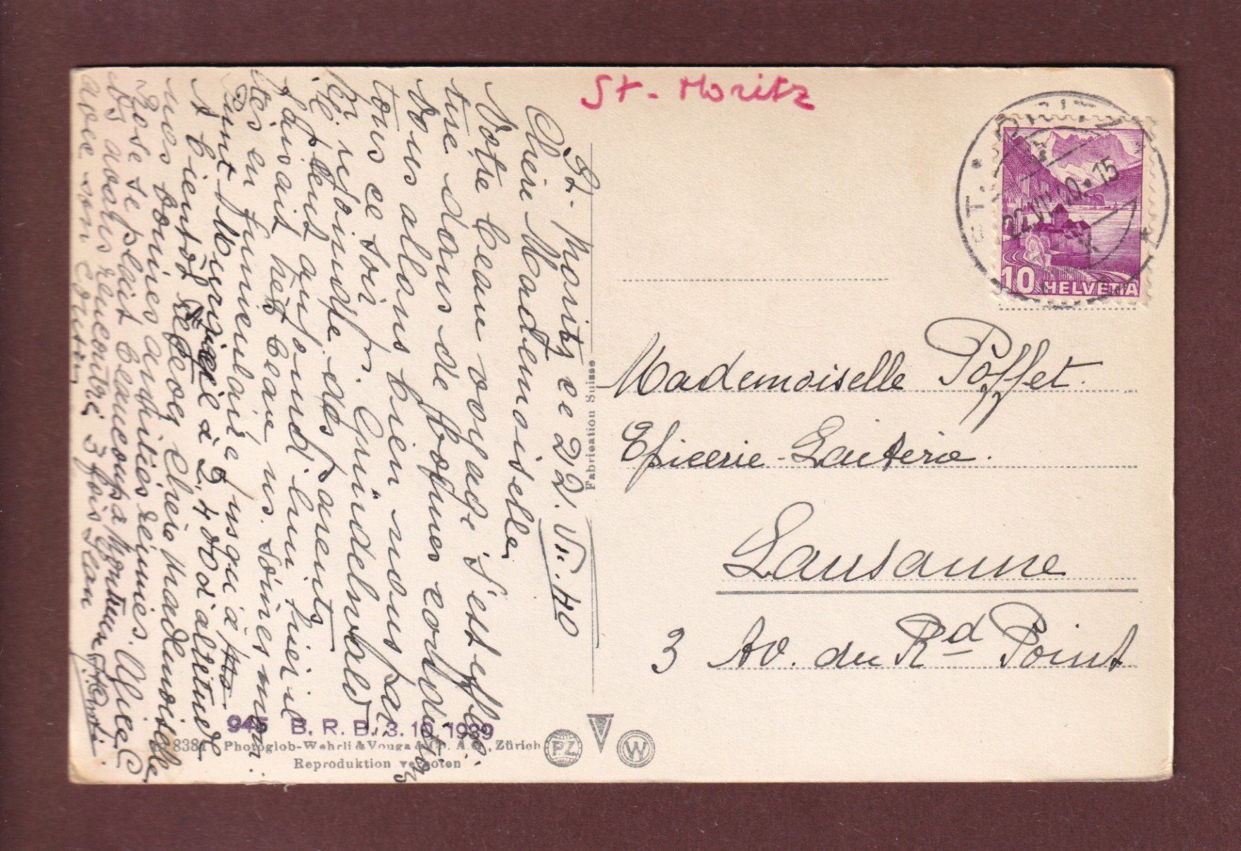 Cartoline postali: ST. MORITZ-BAD und DORF - 1940 – Usato da Pully venduto da nicecards 1
