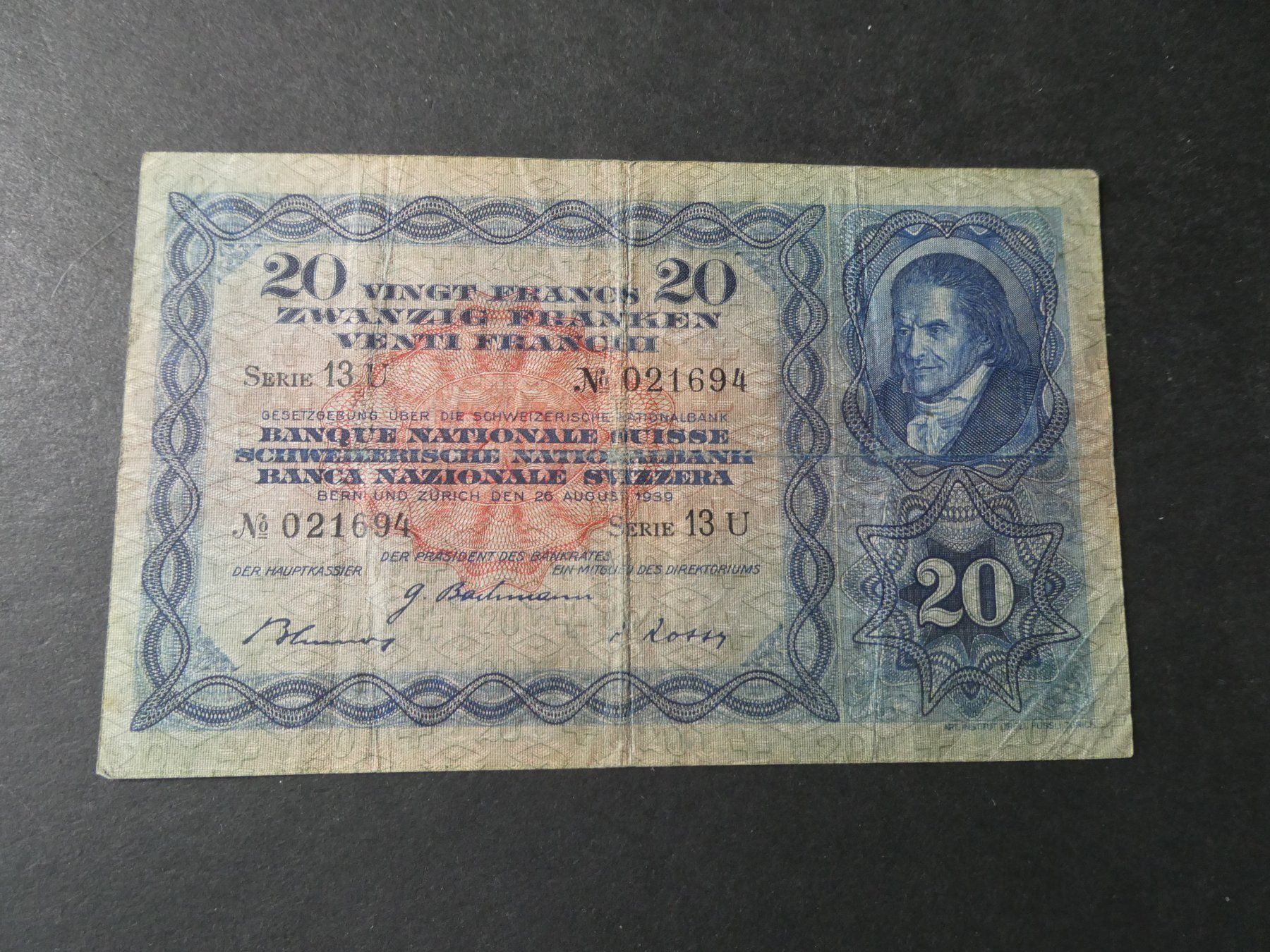 Banconote: Schweiz 1939, 20 Franken – Usato da Hinterforst venduto da Rohusri
