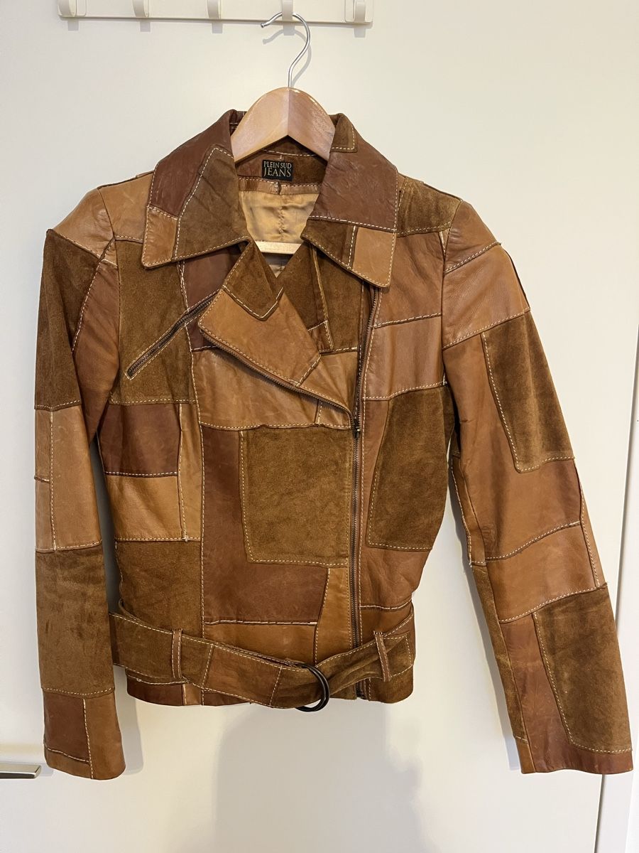 Philipp Plein Giacche: Plein Sud Jeans Lederjacke Patchwork Braun Gr. S – Usato da Zürich venduto da LemonadeZH