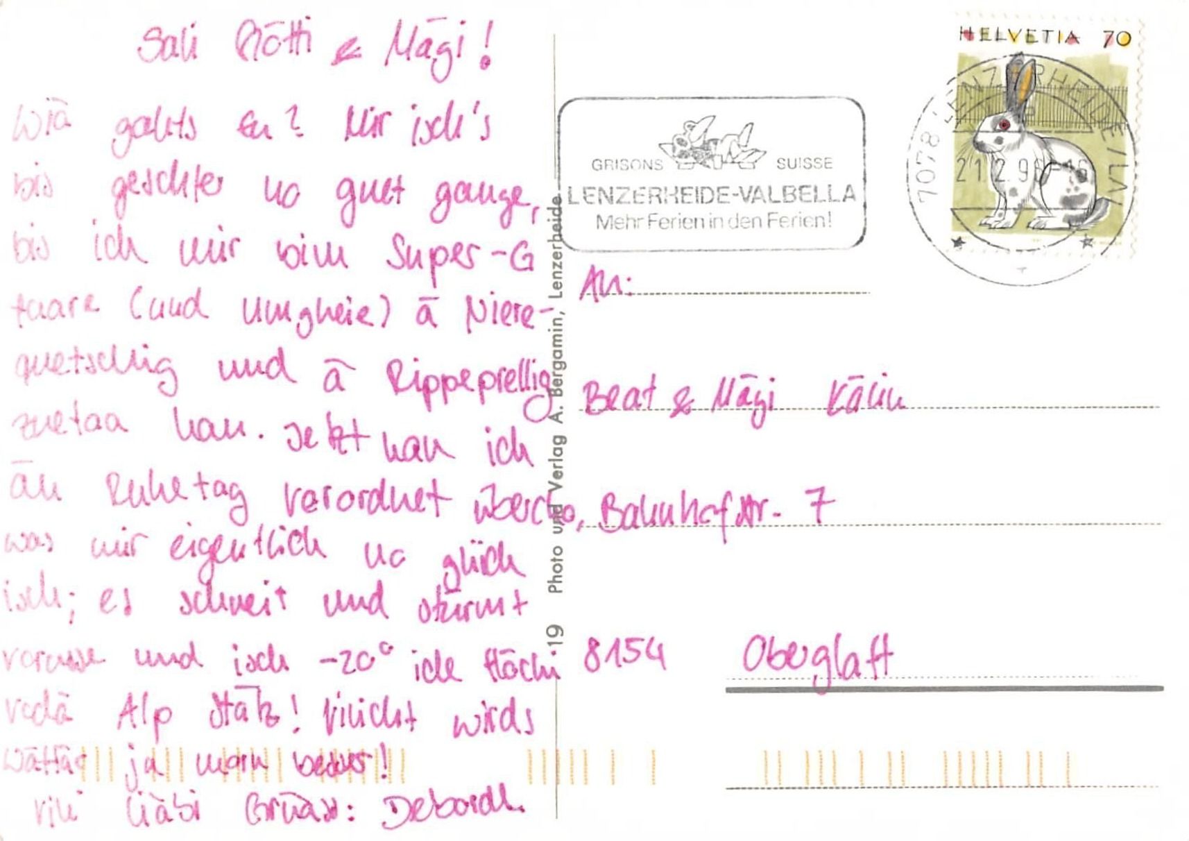 Cartoline postali: Gruss aus dem Bündnerland: LENZERHEIDE BÜNDNERHAUS – Usato da Winterthur venduto da SchatzchischtliWinti 1
