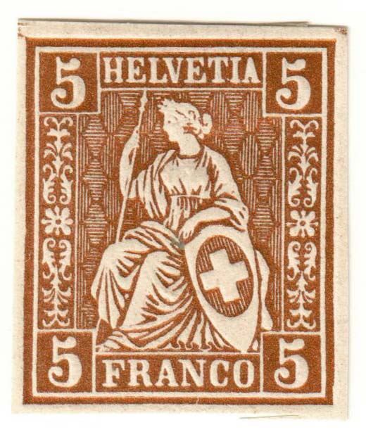 Tutti i francobolli: 5Rp. Probedruck Sitzende Helvetia – Usato da Heerbrugg venduto da Swissphila