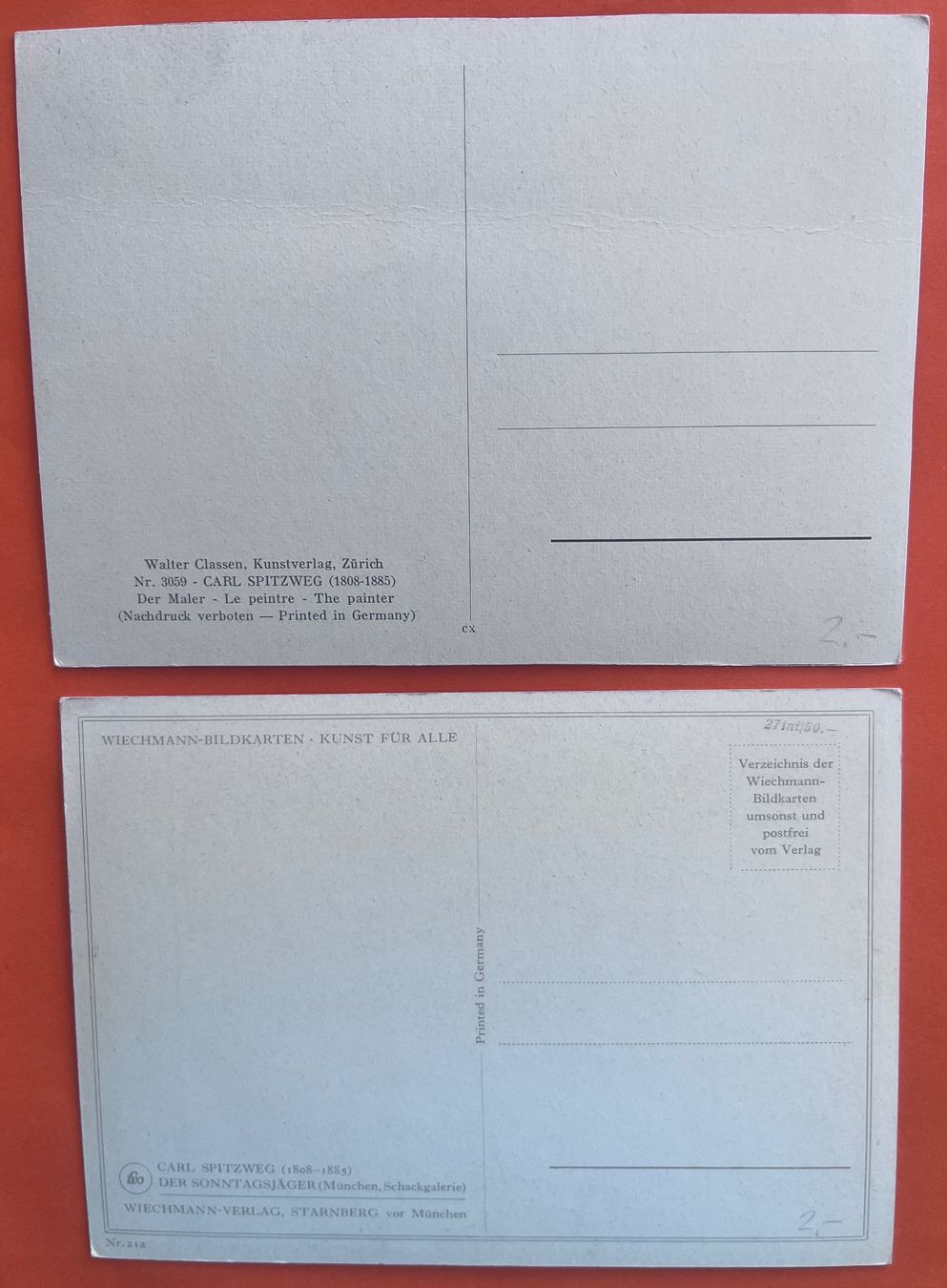 Cartoline postali: AK's  Spitzweg Karten, der Maler + der Sonntagsjäger – Usato da Biberist venduto da Edelfloh 1