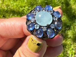 💐Aquamarine Topaz & Blue Sapphires SS925 Black Rhodium Ring