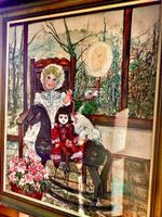 Vintage signed art painting, dolls with rocking horse!