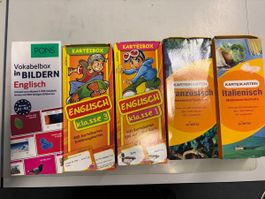 Sprachlernsets: 6 Boxen Englisch, Französisch, Italienisch