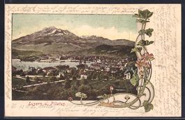 Litho Luzern, Stadtpanorama mit Pilatus,