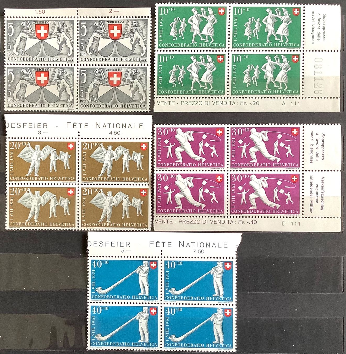 Tutti i francobolli: 1951 - Pro Patria - Viererblock Postfrisch ** – Nuovo (secondo la descrizione) da Liestal venduto da Skunk02