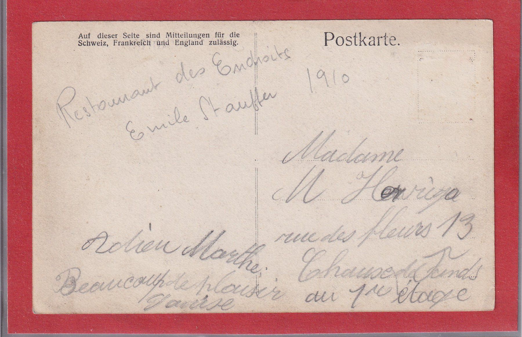 Ansichtskarten: Restaurant des Endroits - 1910 - E. Stauffer – Gebraucht aus Orvin von Pyaeschli 1