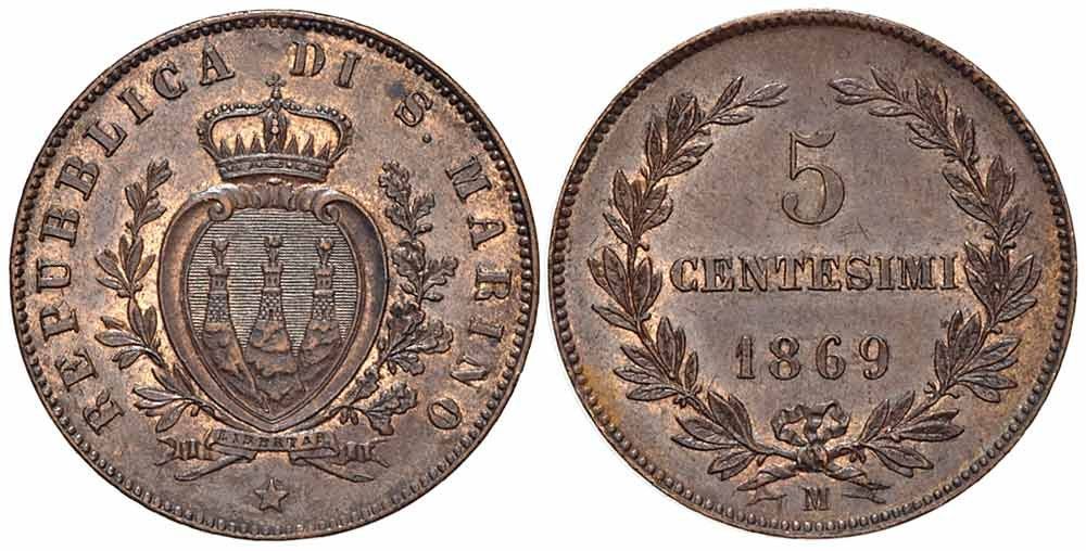 Tutti le monete: San Marino, 5 Cent 1869 Rom – Usato da Chiasso venduto da Novamarketing