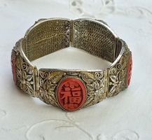 Antiker Chinesischen Armband Silber filigran und Zinoberlack