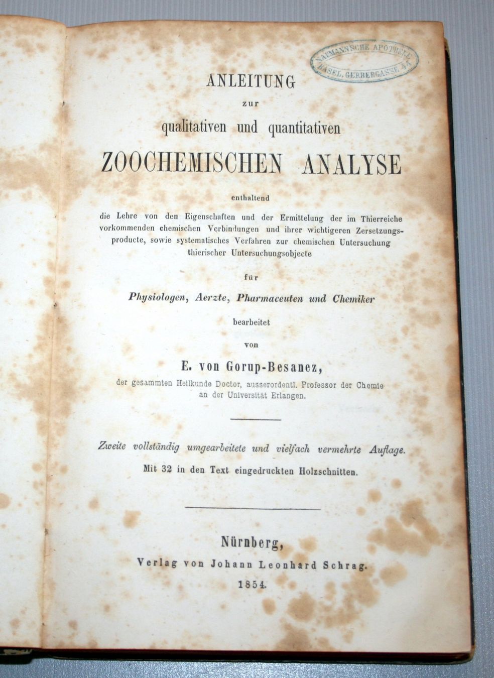 Libri: Gorup-Besanez: Zoochemische Analyse, Holzschnitte, 1854 – Usato da Schaffhausen venduto da Kartenprofi