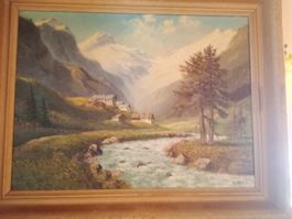 Ölgemälde Gebirgslandschaft mit Häusern Signatur E. Janin 