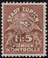 5 Fr. Fiskalmarke von der Stadt ZÜRICH