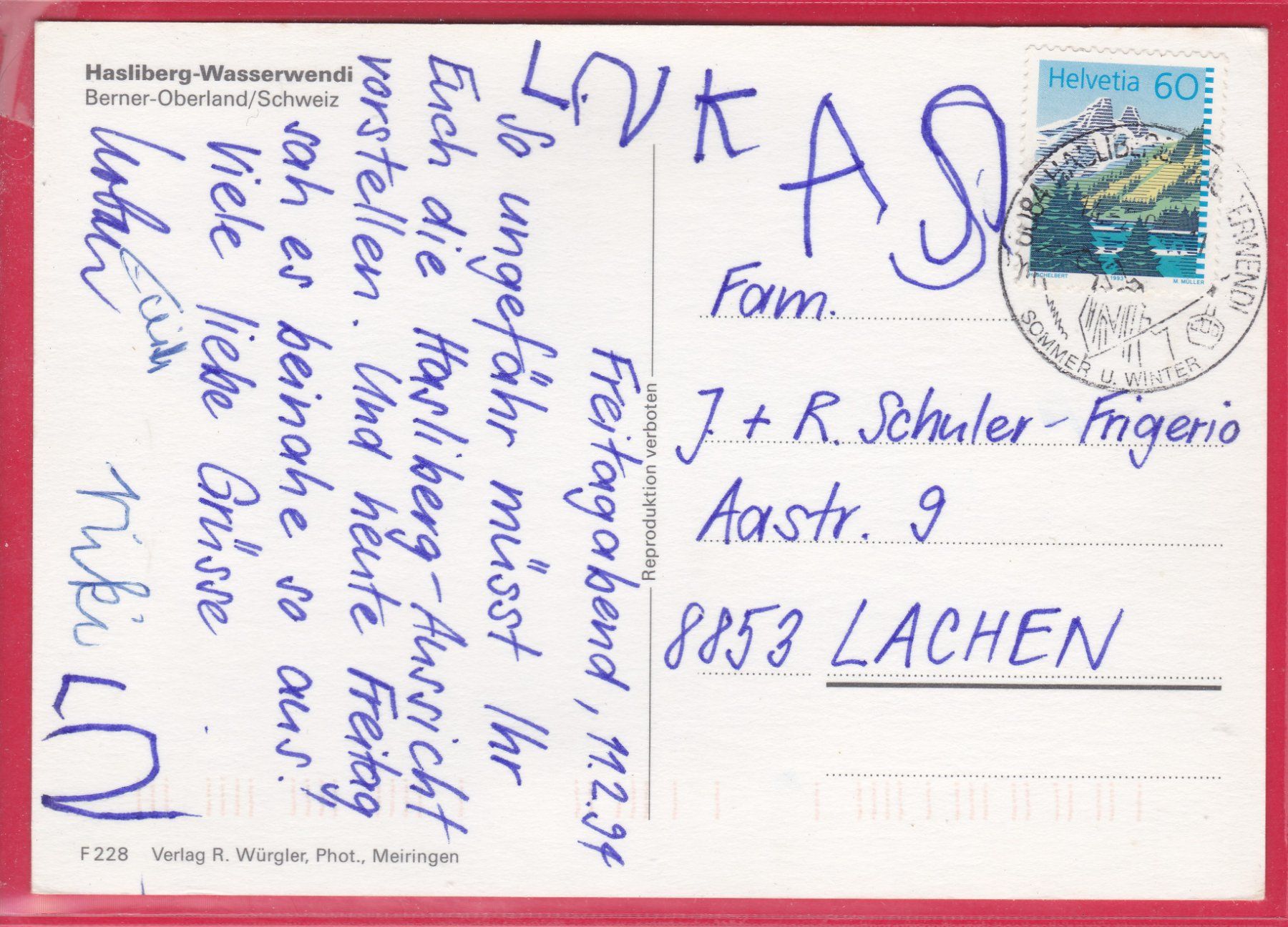 Ansichtskarten: LUFTSEILBAHN HASLIBERG - WASSERWENDI, 12.2.1994 – Gebraucht aus Oberrieden von Gebirgsstelze 1