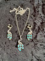Schmuckset neue Pfaukette, Pfau-Ohrringe mit Türkisen, 925