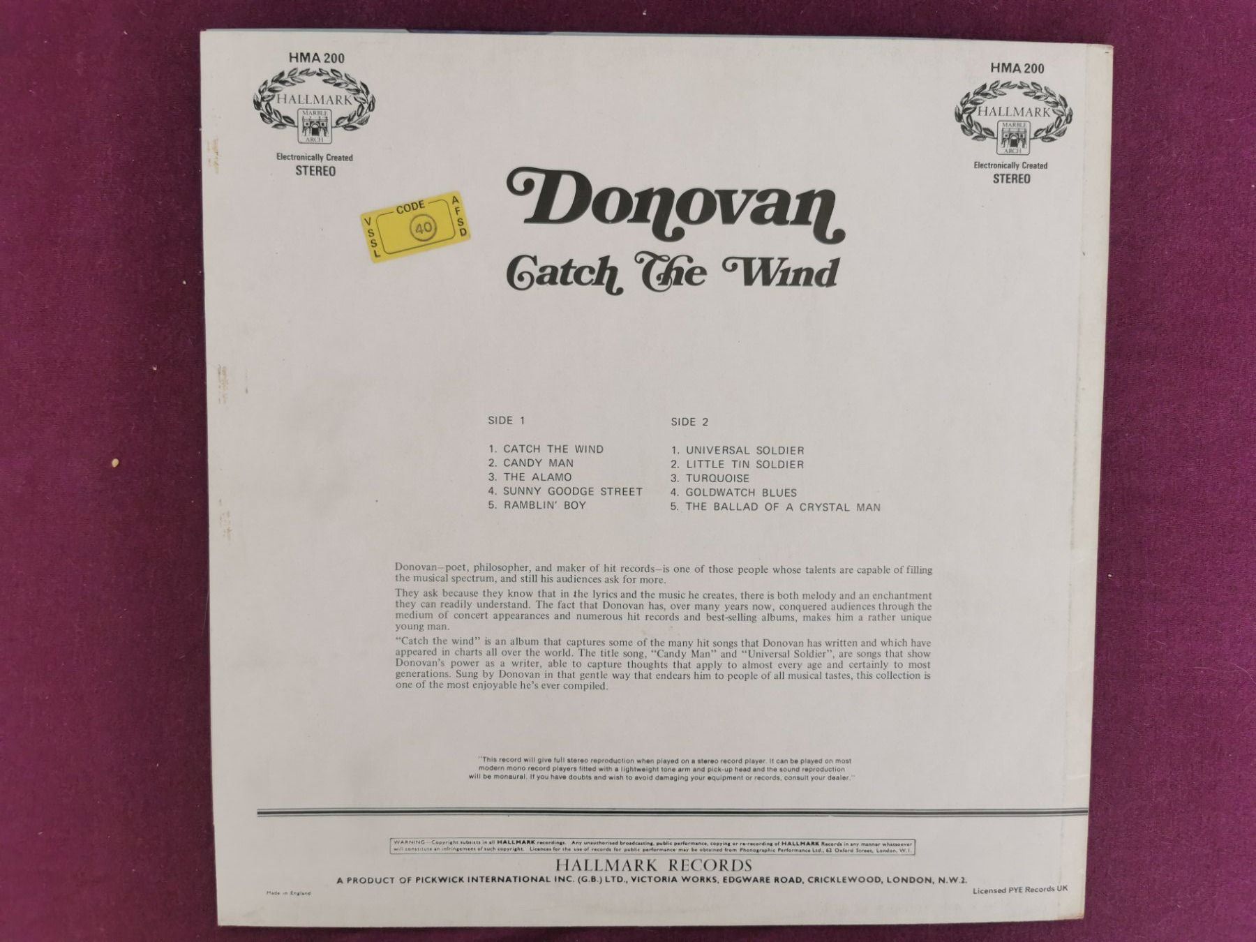 Schallplatten: Donovan - Catch the Wind – Gebraucht aus Gockhausen von Porcini56 1