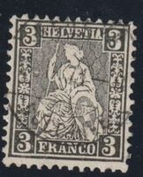 3 Rp sitzende Helvetia schwarz, fein gestempelt Genève 1871
