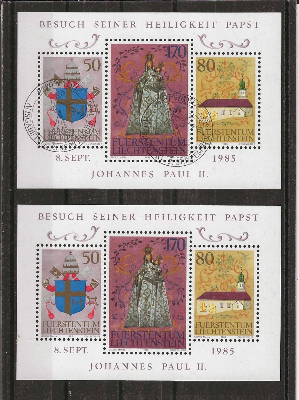 Tutti i francobolli: 2 Blocks Liechtenstein (Postfrisch** u. Ersttag 1985 – Usato da Zürich venduto da Philacat11