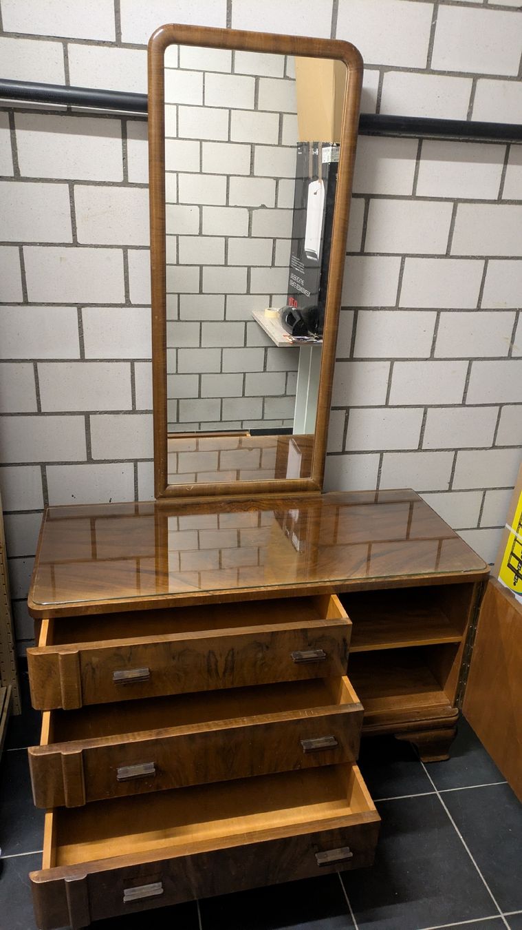 Vintage Frisierkommode mit Spiegel und Glasplatte, aus Holz (Gebraucht ...