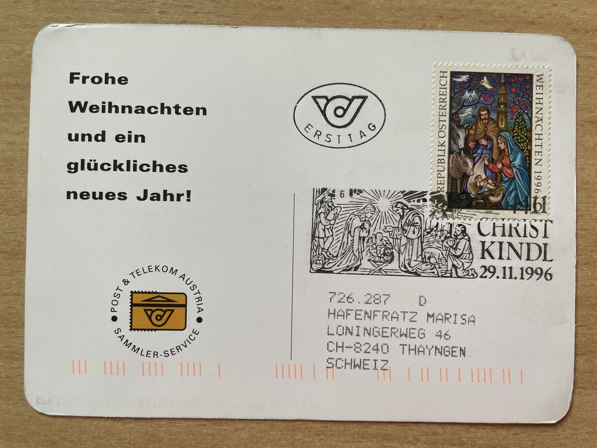 Cartoline: Weihnachtskarte "Christkindl" 1996 mit Ersttag Briefmarke – Usato da Neuhausen am Rheinfall venduto da Arielle55 1