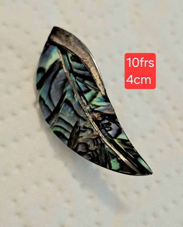 Broche Ancienne En Argent 925 Avec Mosaïque De Nacre Bleue - Marque 925 Mexico, Occasion Très Bon état