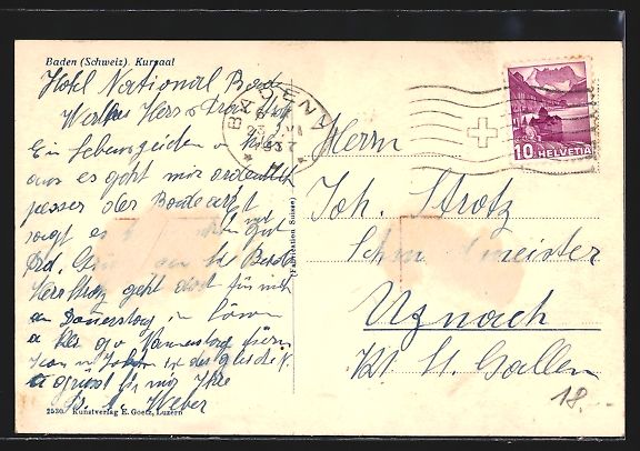 Cartoline postali: AK Baden, Kursaal mit Fontäne, 1937 – Usato da Berlin venduto da bartko-reher 1