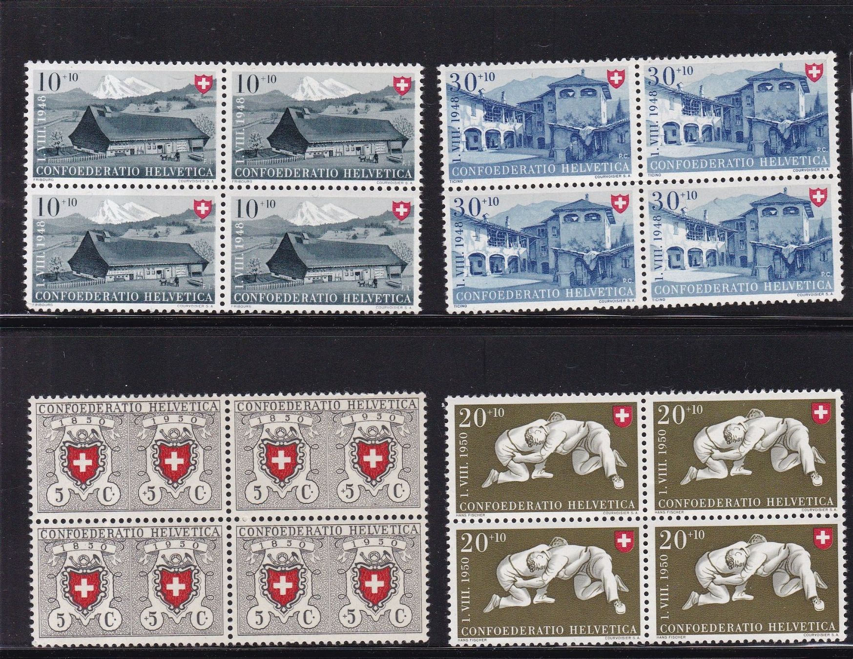 Alle Briefmarken: 16 Stk. Pro Patria Viererblocks ab 1938, postfrisch – Gebraucht aus Münchwilen AG von Nesar 2