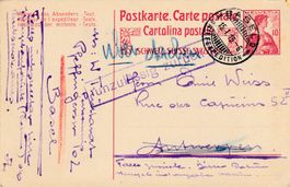 1915, 10Rp. GS-PK Basel–Antwerpen, Stpl. "unzulässig zurück"