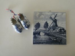 Holländische Kachel mit Windmühle und Holzschuhe Keramik