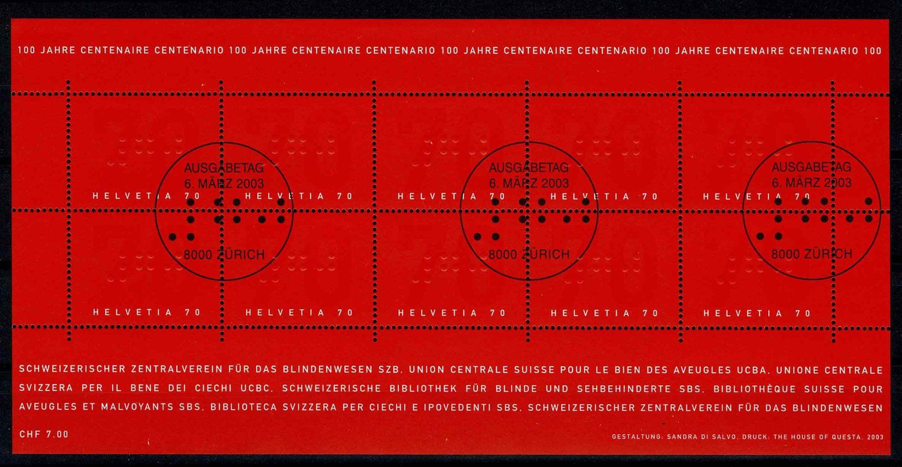 Tutti i francobolli: 2003 Kleinbogen "Blindenwesen" Nr. 1080 mit ET-Stempel – Nuovo (secondo la descrizione) da Nuglar venduto da Stamp88