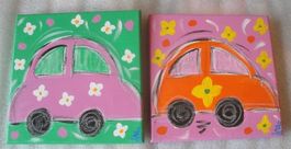 2 Oil Paintings VW Beetle Pop Art 20x20 | Flower Power 🌸