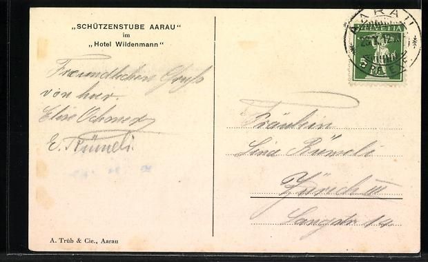 Cartoline postali: Aarau, Hotel Wildenmann, Schützenstube – Usato da Berlin venduto da bartko-reher 1