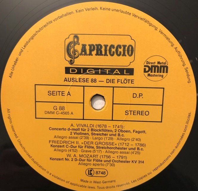Dischi in vinile: Auslese 88 - Flötenkonzerte (LP) – Usato da Grüningen venduto da azulrojo 3